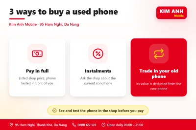 Infographic tiếng Anh: 3 cách mua điện thoại cũ tại Kim Anh Mobile Đà Nẵng – trả thẳng, trả góp, thu cũ đổi mới