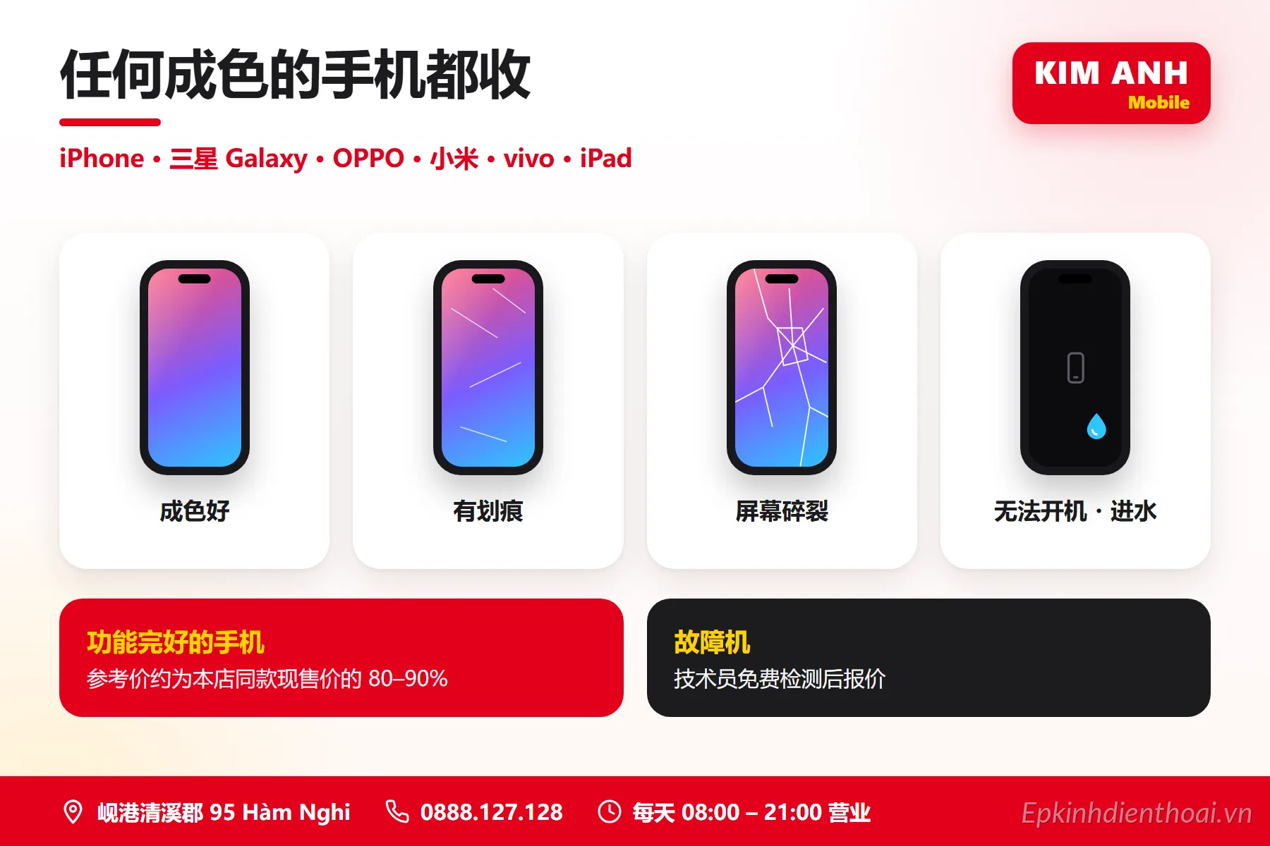 Infographic tiếng Trung: Kim Anh Mobile Đà Nẵng thu mua điện thoại mọi tình trạng – máy đẹp, trầy xước, vỡ màn hình, không lên nguồn, vào nước