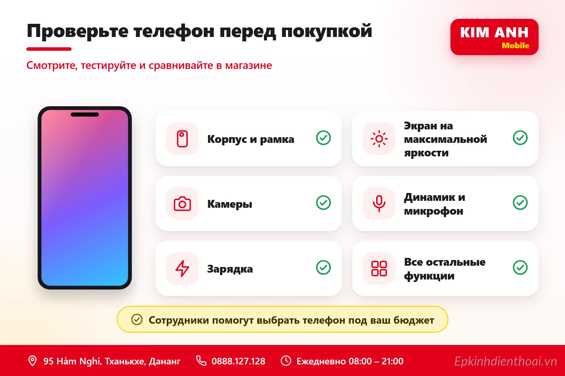 Infographic tiếng Nga: thử máy trước khi mua điện thoại cũ tại Kim Anh Mobile Đà Nẵng – vỏ, màn hình, camera, loa, mic, sạc