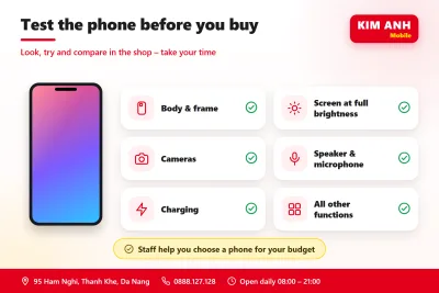 Infographic tiếng Anh: thử máy trước khi mua điện thoại cũ tại Kim Anh Mobile Đà Nẵng – vỏ, màn hình, camera, loa, mic, sạc