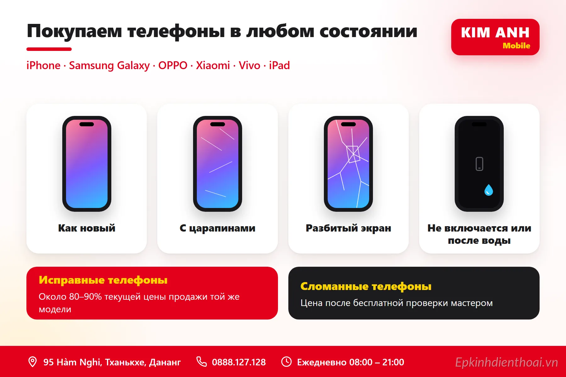 Infographic tiếng Nga: Kim Anh Mobile Đà Nẵng thu mua điện thoại mọi tình trạng – máy đẹp, trầy xước, vỡ màn hình, không lên nguồn, vào nước