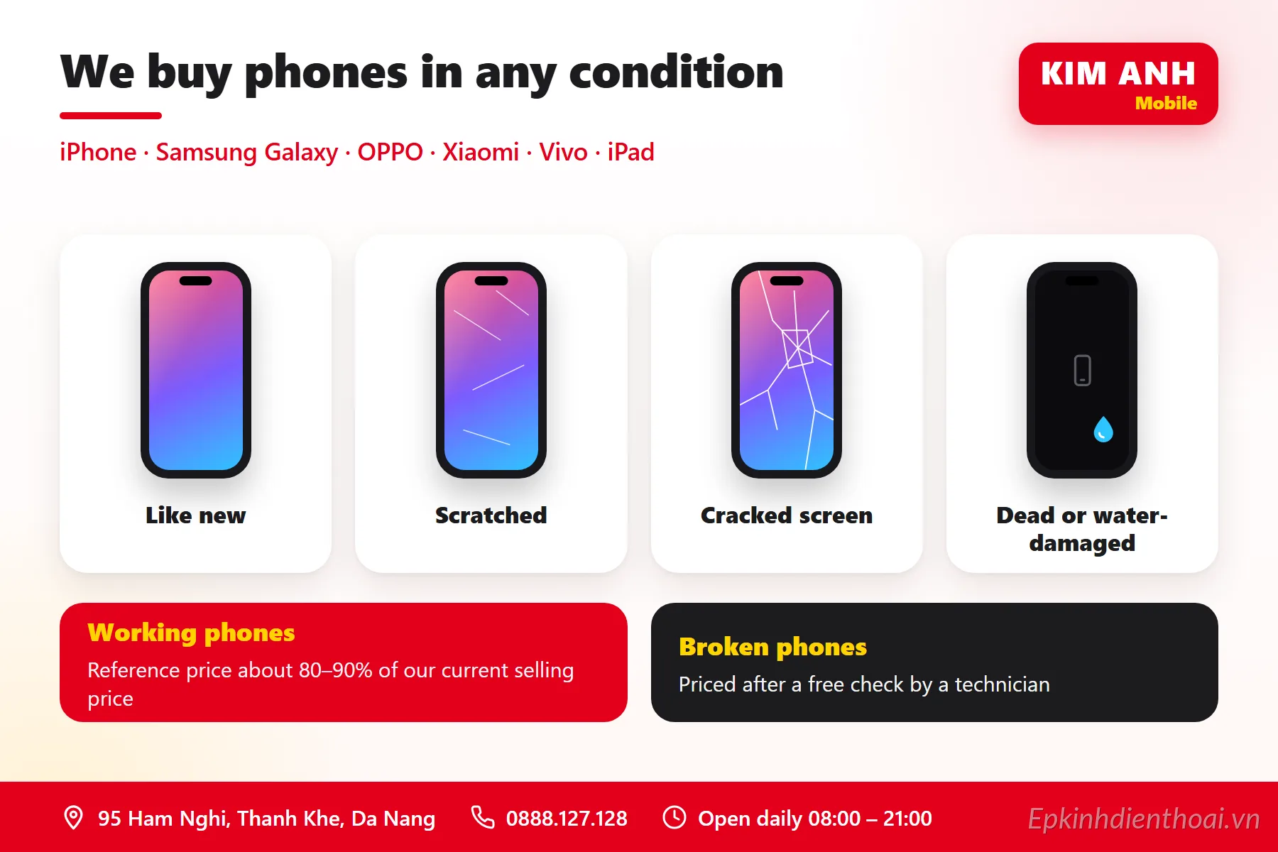 Infographic tiếng Anh: Kim Anh Mobile Đà Nẵng thu mua điện thoại mọi tình trạng – máy đẹp, trầy xước, vỡ màn hình, không lên nguồn, vào nước