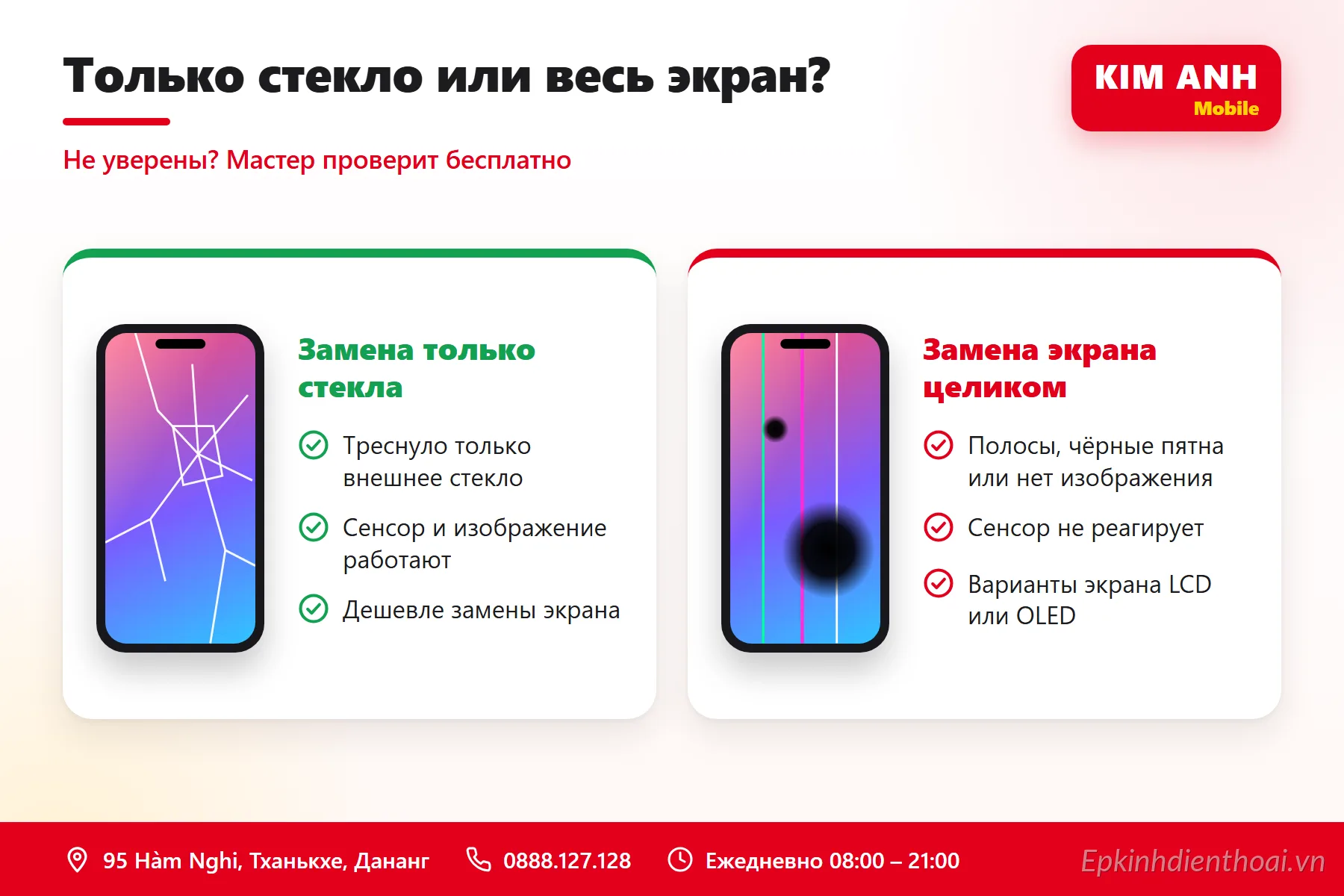 Infographic tiếng Nga: nên ép kính hay thay màn hình – so sánh tại Kim Anh Mobile Đà Nẵng