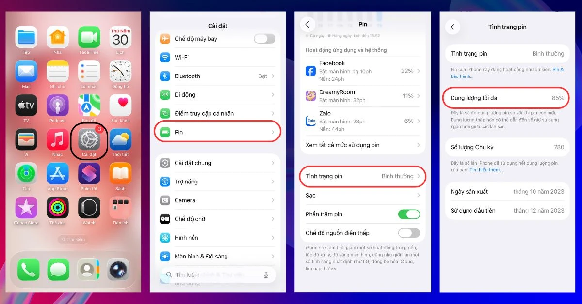 Hướng dẫn kiểm tra tình trạng pin iPhone, dung lượng tối đa 85% tại Kim Anh Mobile Đà Nẵng.