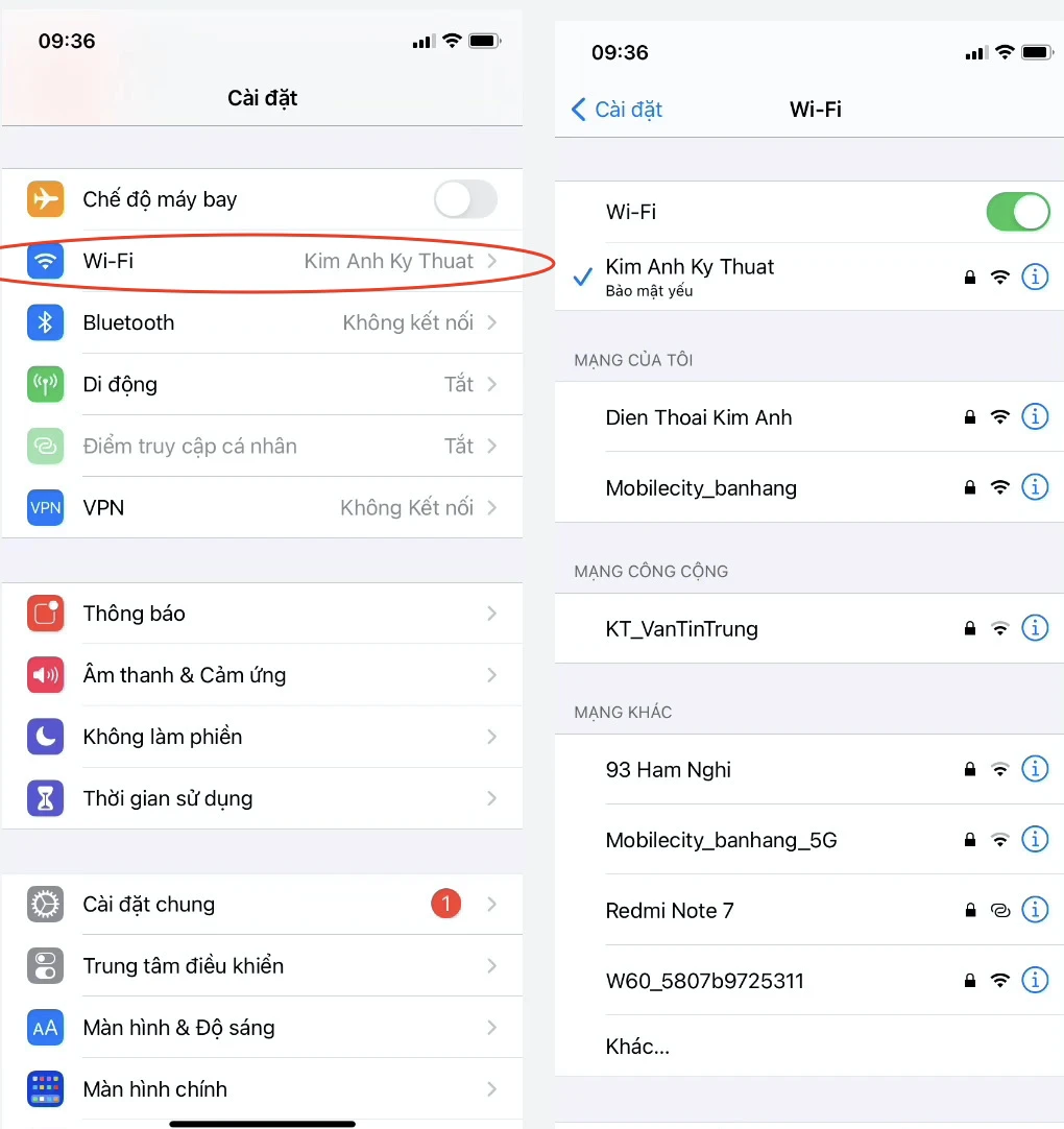 Màn hình cài đặt Wi-Fi trên iPhone tại Kim Anh Mobile Đà Nẵng, hiển thị các mạng khả dụng.