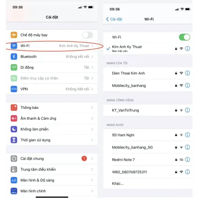 Màn hình cài đặt Wi-Fi trên iPhone tại Kim Anh Mobile Đà Nẵng, hiển thị các mạng khả dụng.