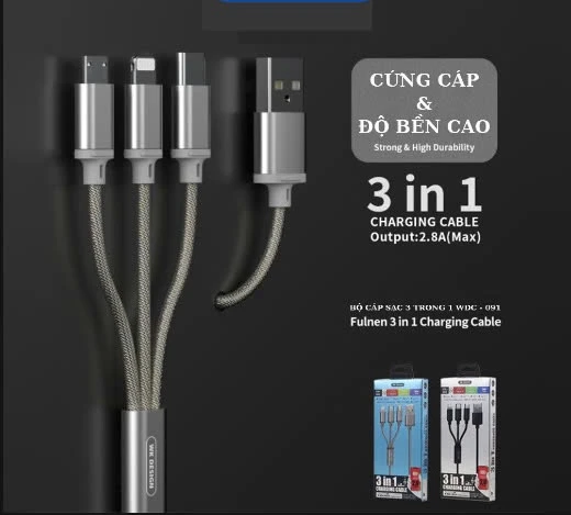 Cáp sạc 3 trong 1 đa năng, bền bỉ, tương thích nhiều thiết bị tại Kim Anh Mobile Đà Nẵng.
