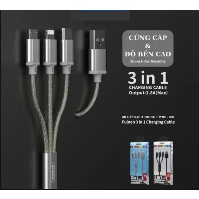 Cáp sạc 3 trong 1 đa năng, bền bỉ, tương thích nhiều thiết bị tại Kim Anh Mobile Đà Nẵng.