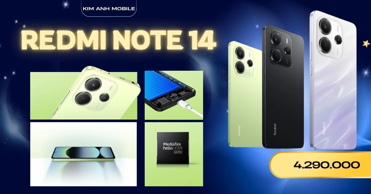 Điện thoại Redmi Note 14 nhiều màu sắc giá rẻ tại Kim Anh Mobile Đà Nẵng.