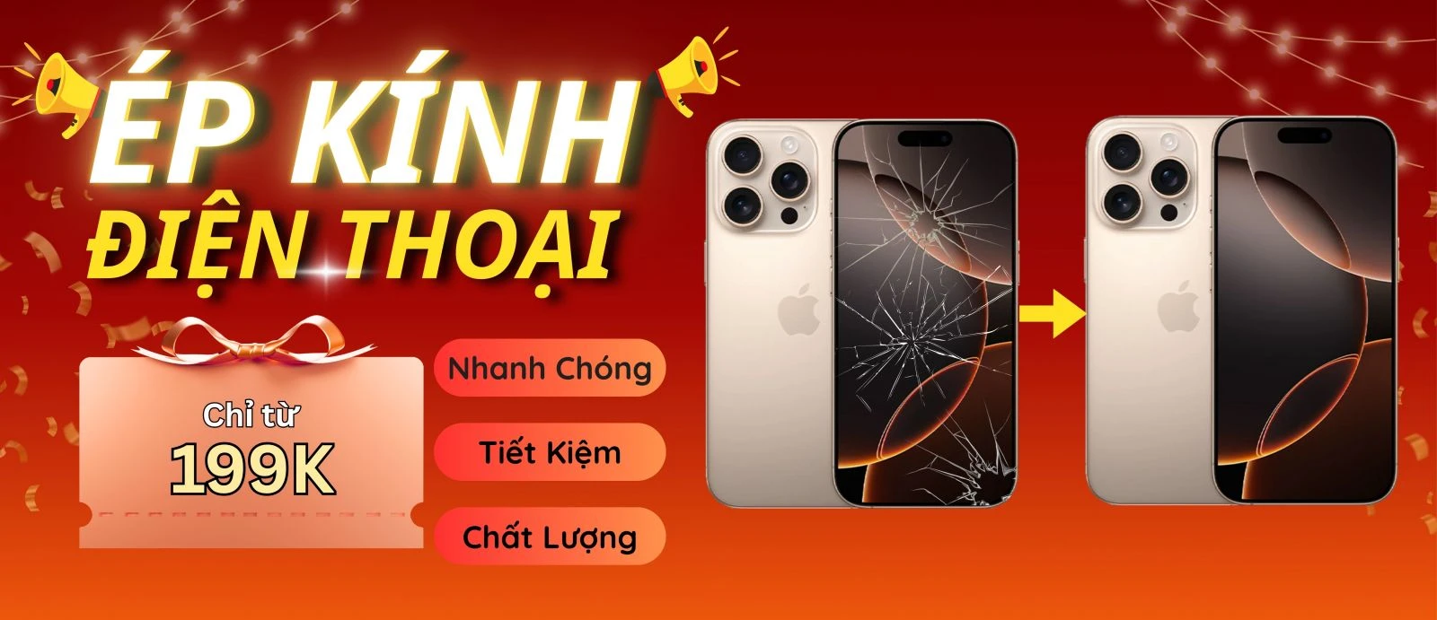 Banner quảng cáo dịch vụ ép kính điện thoại giá rẻ, nhanh chóng tại Kim Anh Mobile Đà Nẵng.
