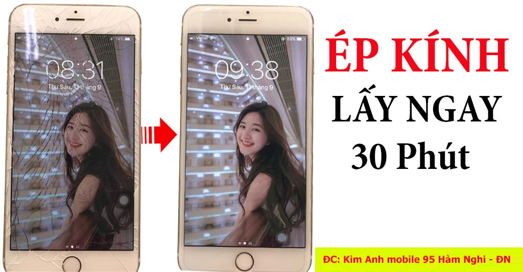 Ảnh quảng cáo dịch vụ ép kính iPhone lấy ngay trong 30 phút tại Kim Anh Mobile Đà Nẵng.