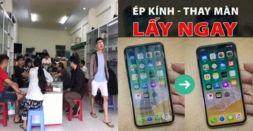 Banner quảng cáo dịch vụ ép kính thay màn hình điện thoại lấy ngay tại Kim Anh Mobile Đà Nẵng.