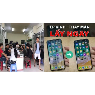 Banner quảng cáo dịch vụ ép kính thay màn hình điện thoại lấy ngay tại Kim Anh Mobile Đà Nẵng.