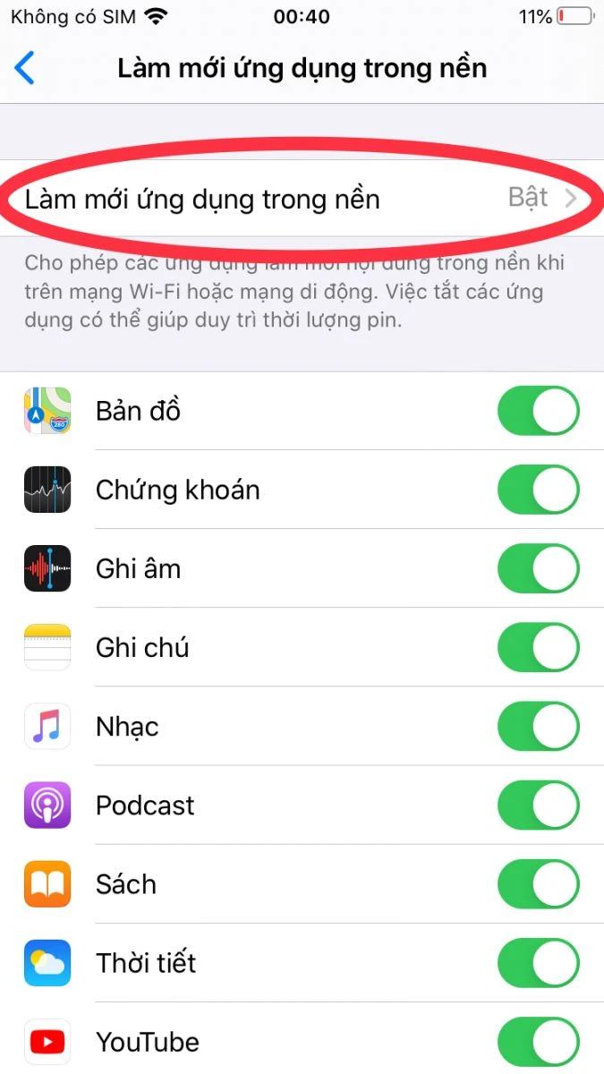 Hướng dẫn tắt làm mới ứng dụng nền iPhone tiết kiệm pin tại Kim Anh Mobile Đà Nẵng.