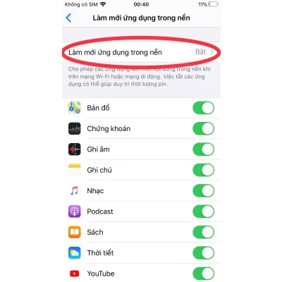 Hướng dẫn tắt làm mới ứng dụng nền iPhone tiết kiệm pin tại Kim Anh Mobile Đà Nẵng.