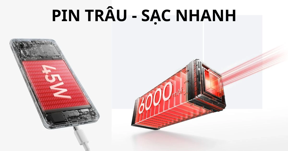 Banner quảng cáo công nghệ pin trâu 6000mAh và sạc nhanh 45W tại Kim Anh Mobile Đà Nẵng