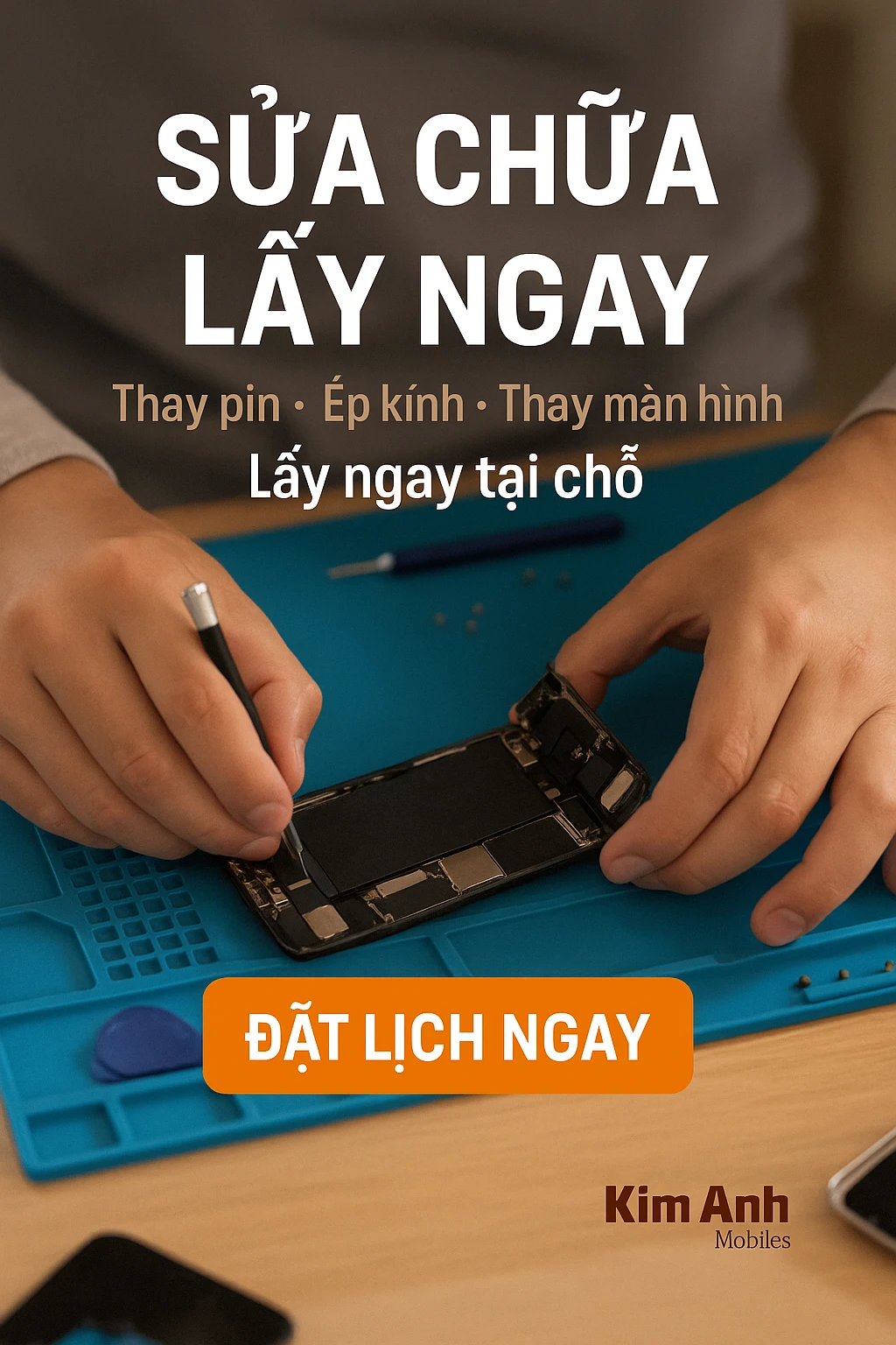 Banner quảng cáo dịch vụ sửa chữa điện thoại lấy ngay tại Kim Anh Mobile Đà Nẵng.