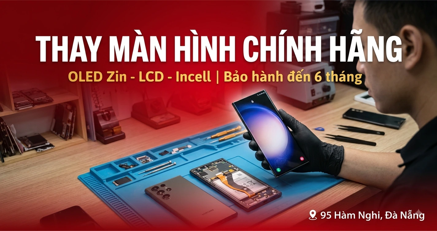 Banner quảng cáo dịch vụ thay màn hình điện thoại chính hãng, OLED Zin tại Kim Anh Mobile Đà Nẵng.