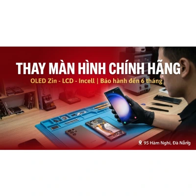 Banner quảng cáo dịch vụ thay màn hình điện thoại chính hãng, OLED Zin tại Kim Anh Mobile Đà Nẵng.