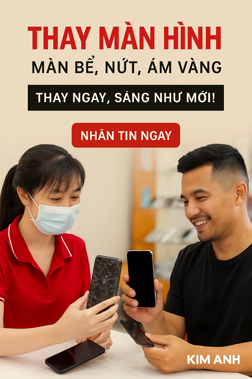 Banner quảng cáo dịch vụ thay màn hình điện thoại bể nứt lấy ngay tại Kim Anh Mobile Đà Nẵng.