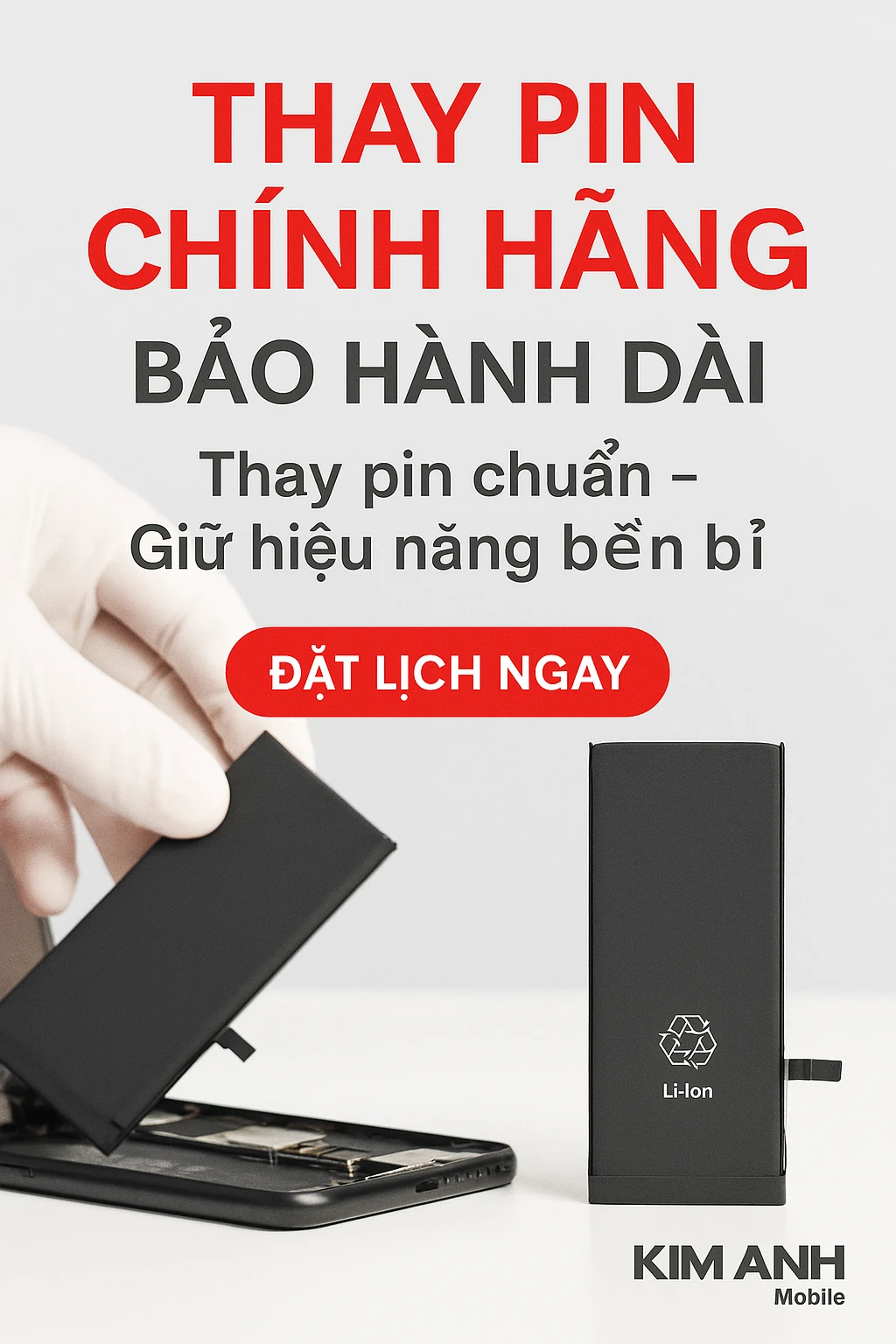 Banner quảng cáo dịch vụ thay pin chính hãng bảo hành dài tại Kim Anh Mobile Đà Nẵng.