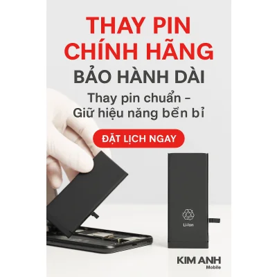 Banner quảng cáo dịch vụ thay pin chính hãng bảo hành dài tại Kim Anh Mobile Đà Nẵng.