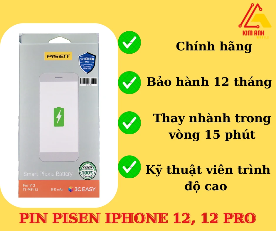 Thay pin Pisen iPhone 12, 12 Pro chính hãng lấy ngay tại Kim Anh Mobile Đà Nẵng.