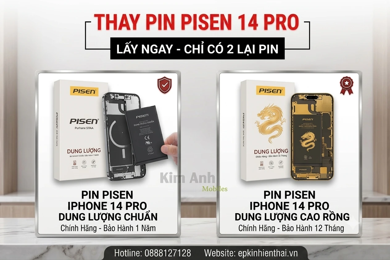 Thay pin Pisen iPhone 14 Pro chính hãng lấy ngay tại Kim Anh Mobile Đà Nẵng