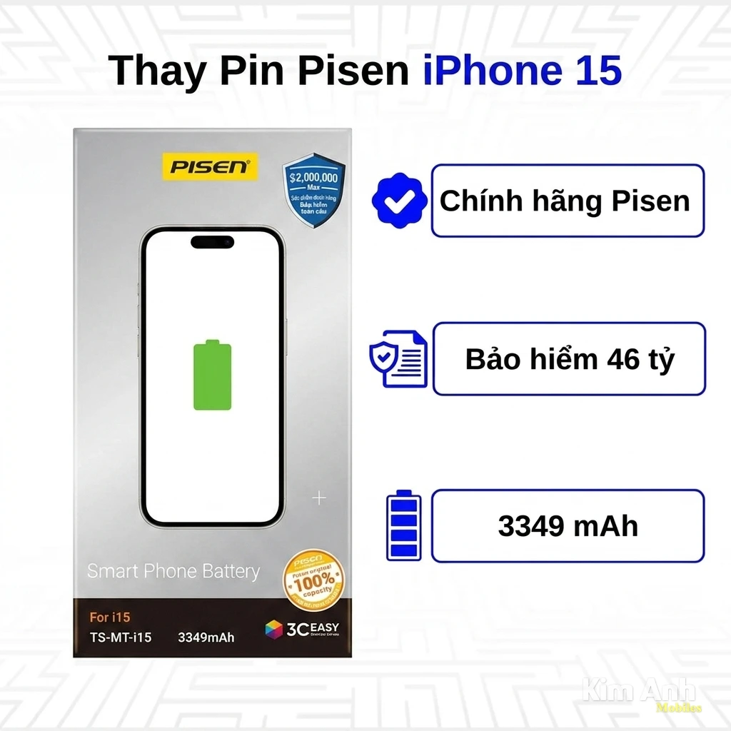 Thay pin Pisen iPhone 15 chính hãng tại Kim Anh Mobile Đà Nẵng