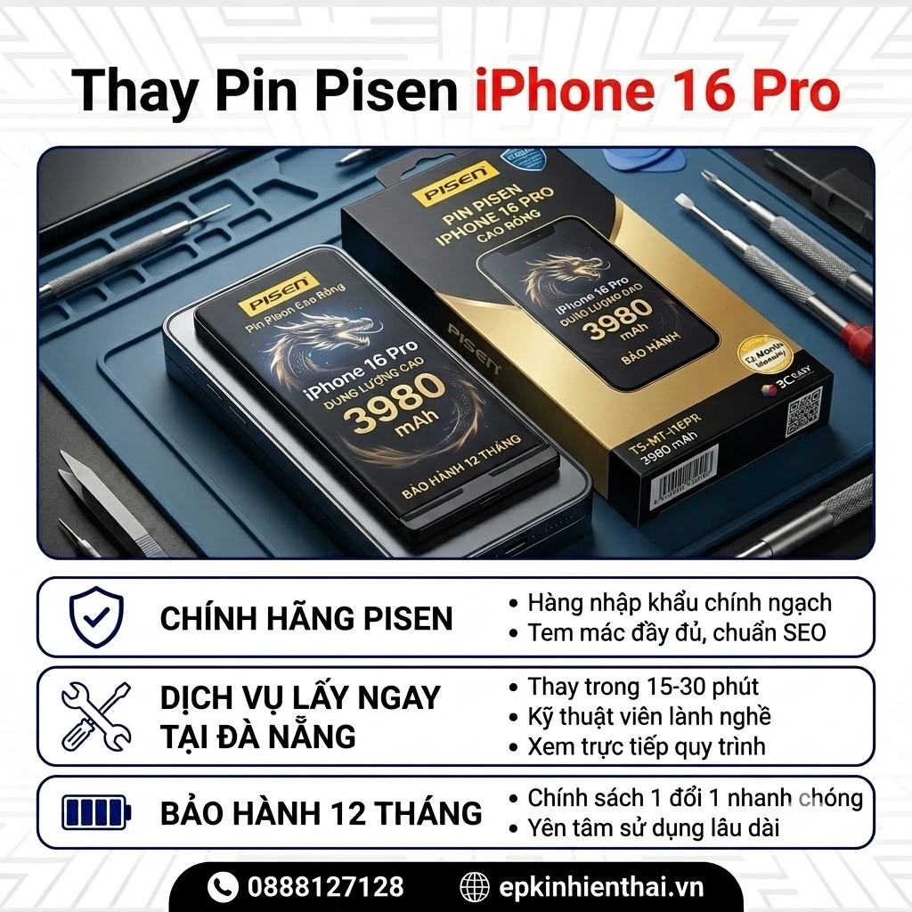 Thay pin Pisen iPhone 16 Pro chính hãng lấy ngay tại Kim Anh Mobile Đà Nẵng
