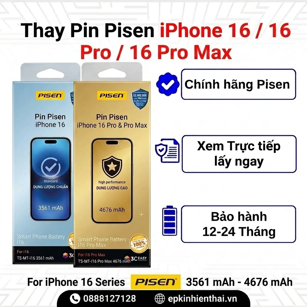 Thay pin Pisen iPhone 16 series chính hãng lấy ngay tại Kim Anh Mobile Đà Nẵng
