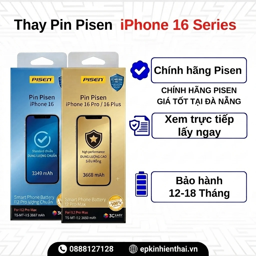 Thay pin Pisen iPhone 16 Series chính hãng tại Kim Anh Mobile Đà Nẵng