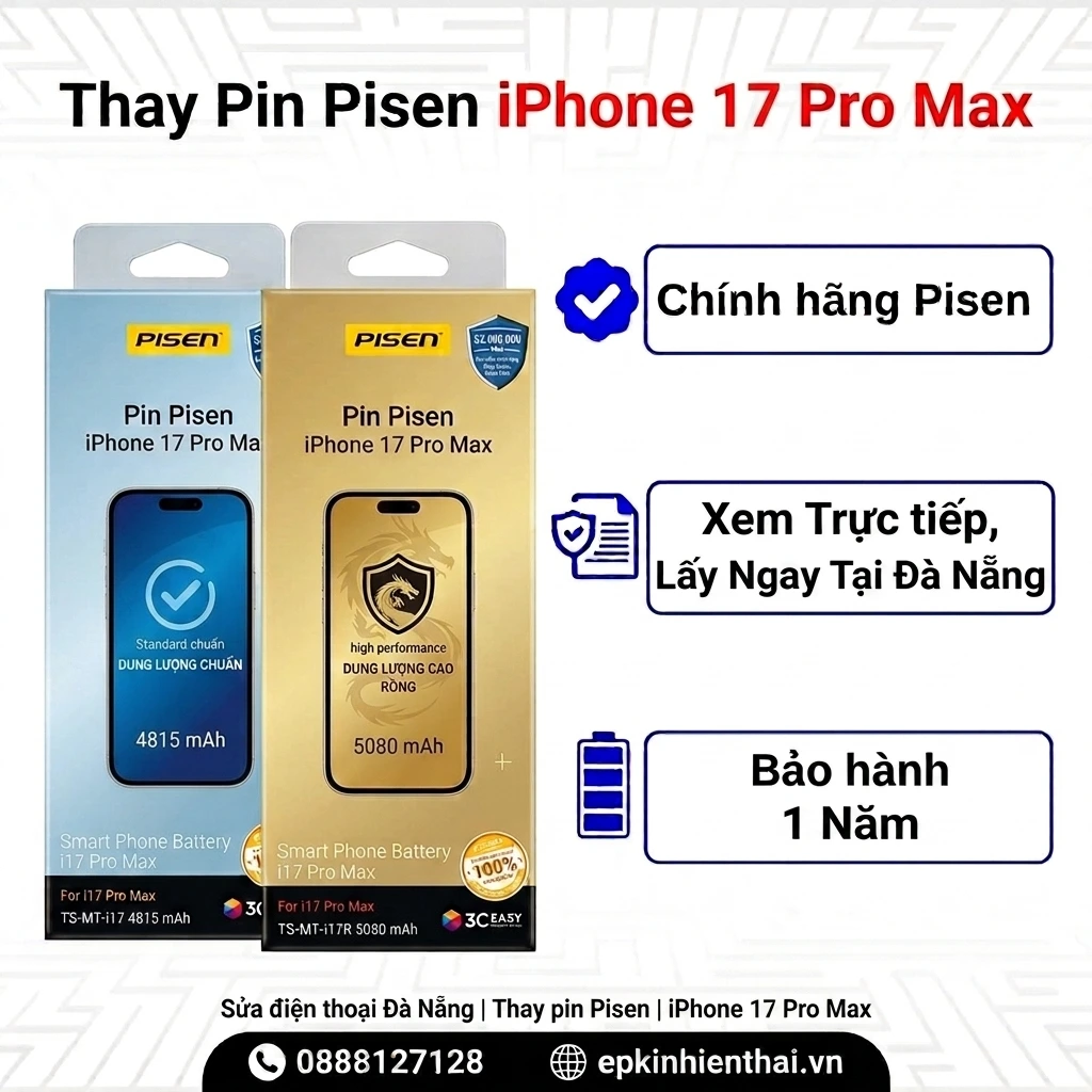 Thay pin Pisen iPhone 17 Pro Max chính hãng tại Kim Anh Mobile Đà Nẵng
