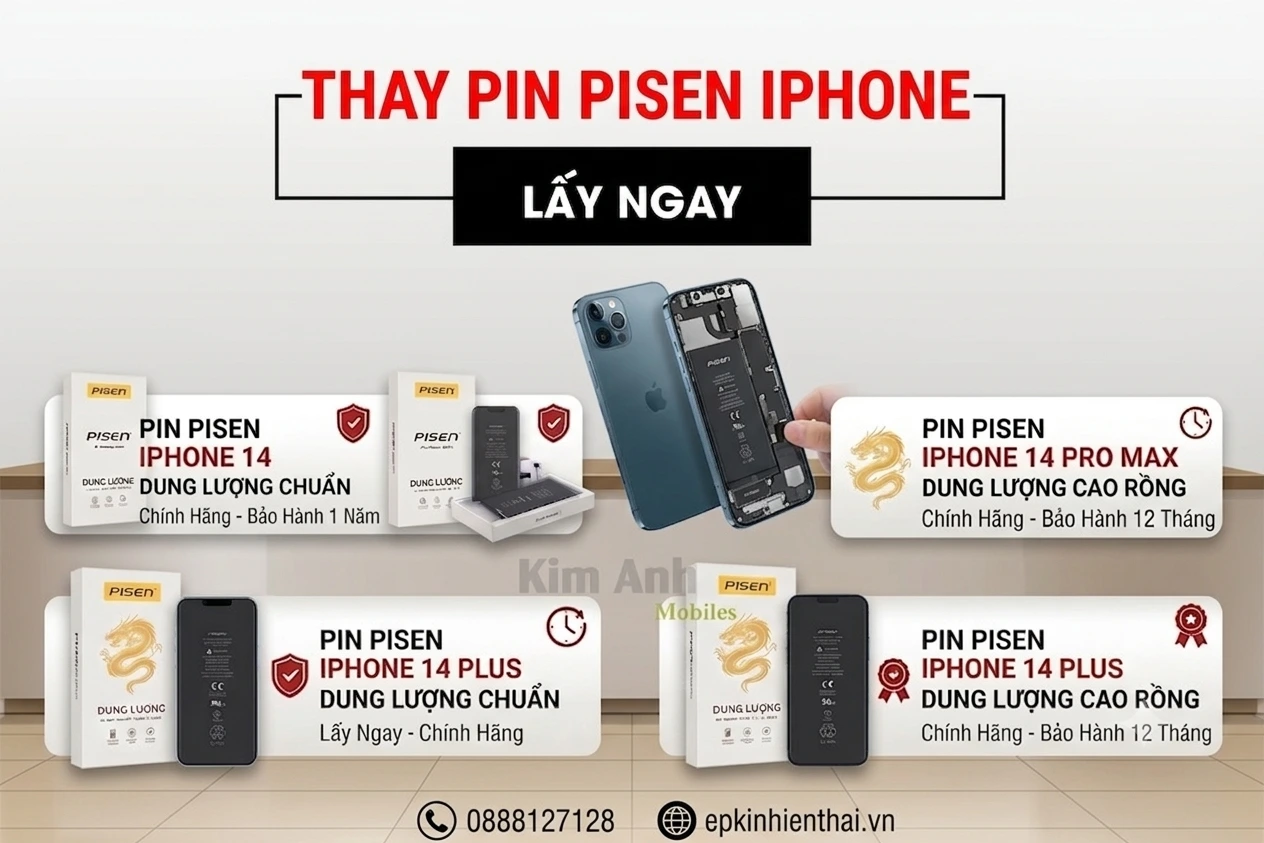 Thay pin Pisen iPhone 14 lấy ngay chính hãng tại Kim Anh Mobile Đà Nẵng