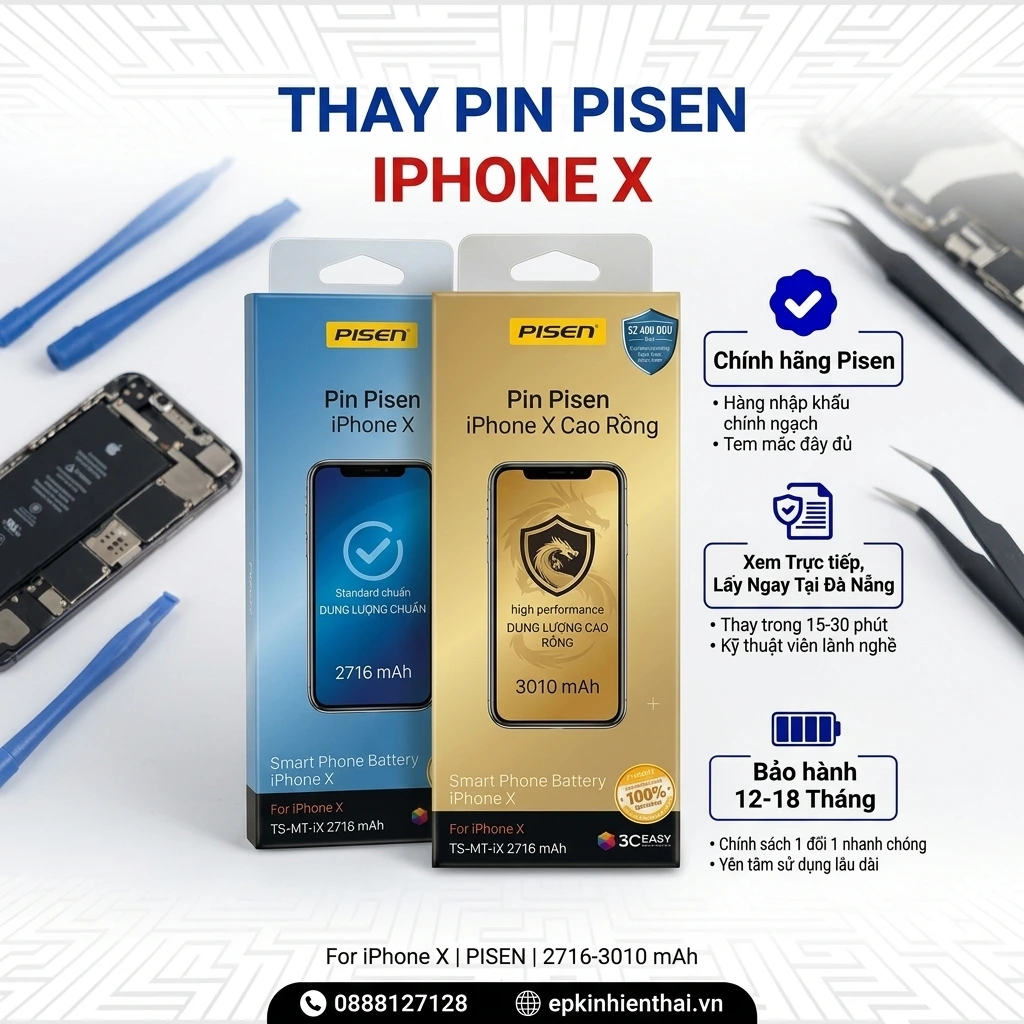 Thay pin iPhone x pisen dung lượng chuẩn chính hãng giá rẻ tại đà nẵng - Thay pin Pisen iPhone X chính hãng lấy ngay tại Kim Anh Mobile Đà Nẵng