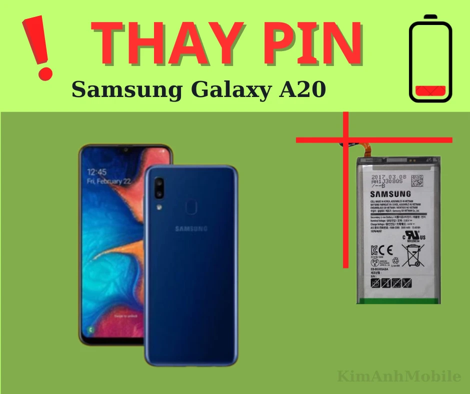 Banner quảng cáo dịch vụ thay pin Samsung Galaxy A20 chính hãng tại Kim Anh Mobile Đà Nẵng