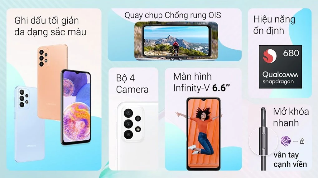Infographic tính năng điện thoại Samsung Galaxy A23 chính hãng giá tốt tại Kim Anh Mobile Đà Nẵng.