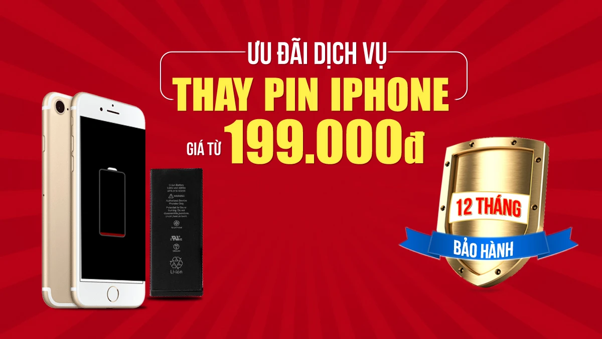 Banner ưu đãi dịch vụ thay pin iPhone giá rẻ tại Kim Anh Mobile Đà Nẵng, bảo hành 12 tháng.