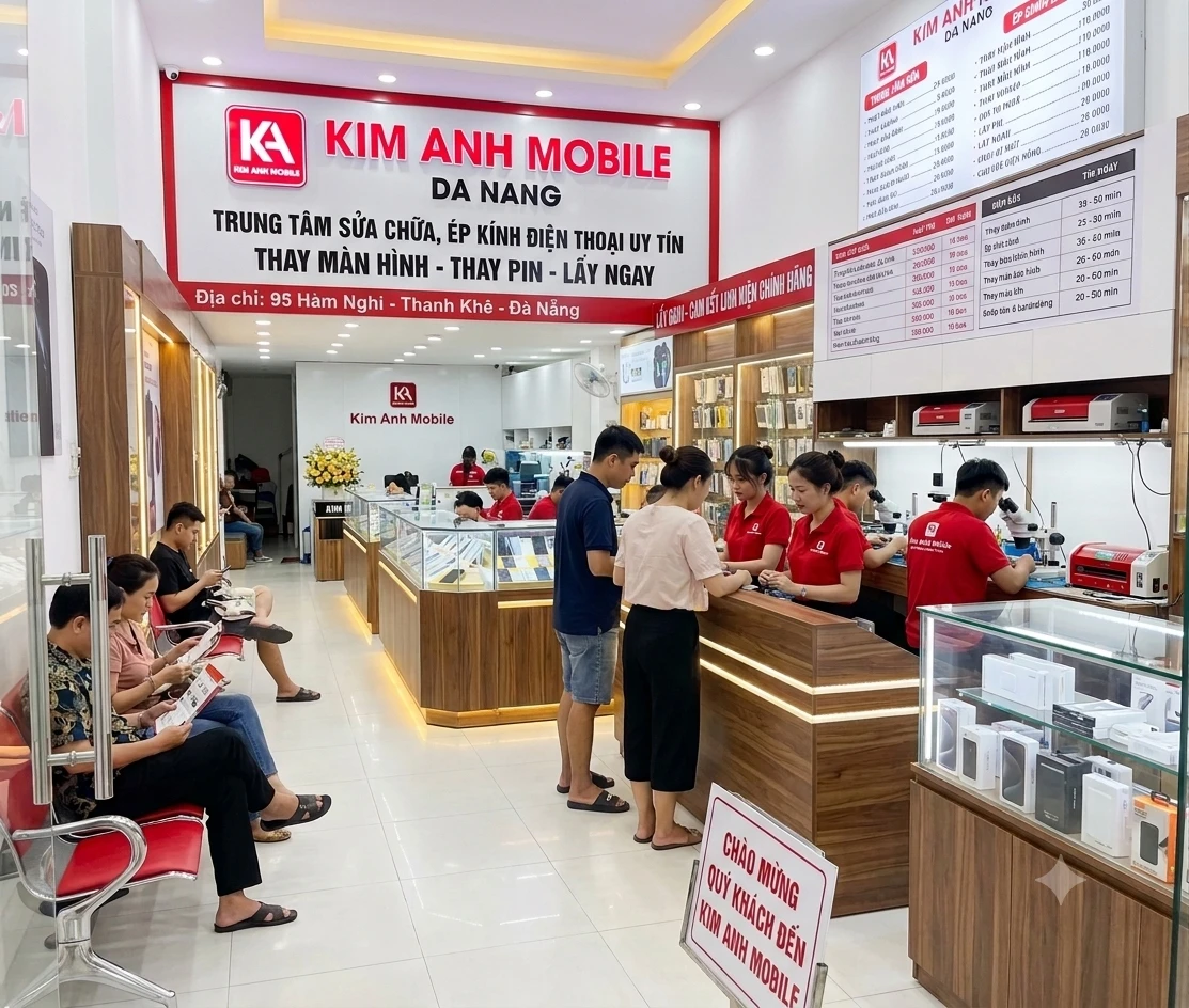 Khách hàng và nhân viên tại Kim Anh Mobile Đà Nẵng, trung tâm sửa chữa điện thoại uy tín lấy ngay.
