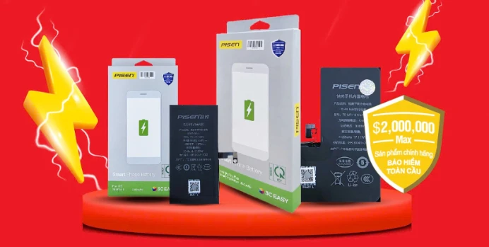 Pin điện thoại Pisen chính hãng, bảo hiểm toàn cầu, có sẵn tại Kim Anh Mobile Đà Nẵng.
