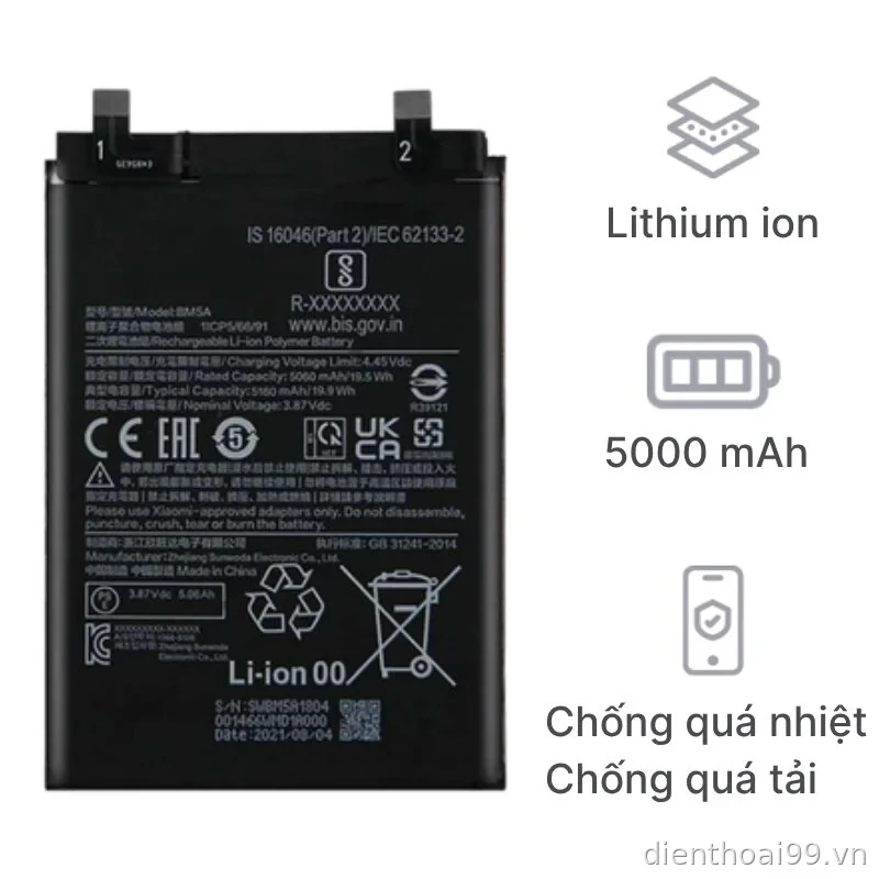 Pin Xiaomi BMSA chính hãng dung lượng 5000mAh giá rẻ tại Kim Anh Mobile Đà Nẵng.