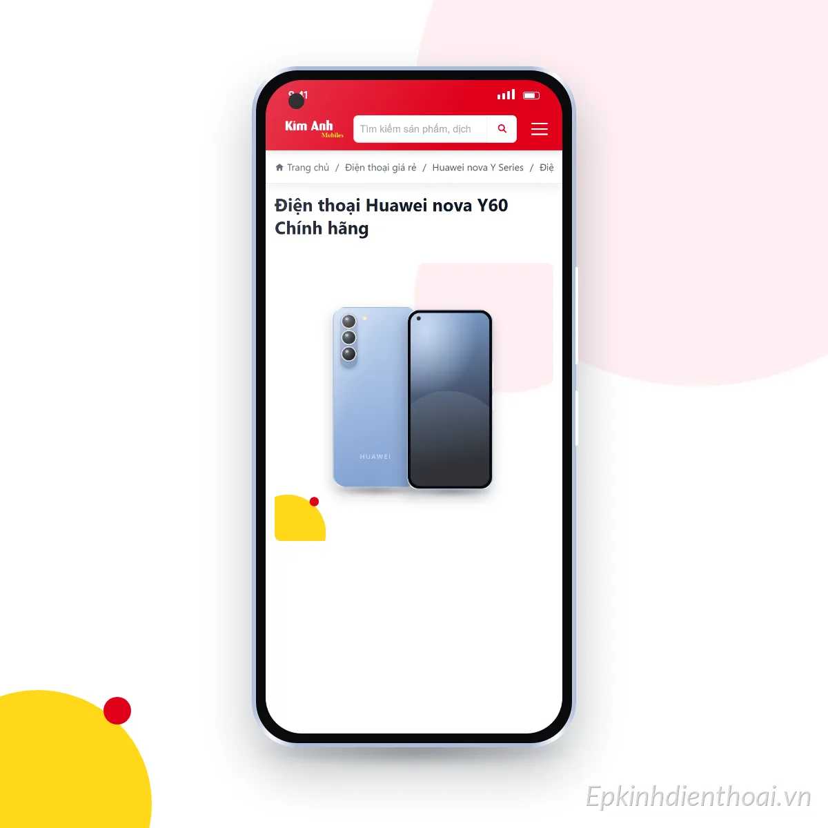 Điện thoại HUAWEI nova Y60 đang mở trang sản phẩm trên epkinhdienthoai.vn (ảnh minh hoạ)