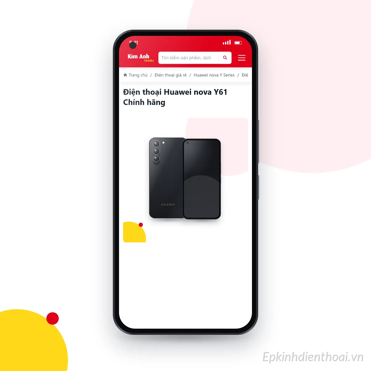 Điện thoại HUAWEI nova Y61 đang mở trang sản phẩm trên epkinhdienthoai.vn (ảnh minh hoạ)