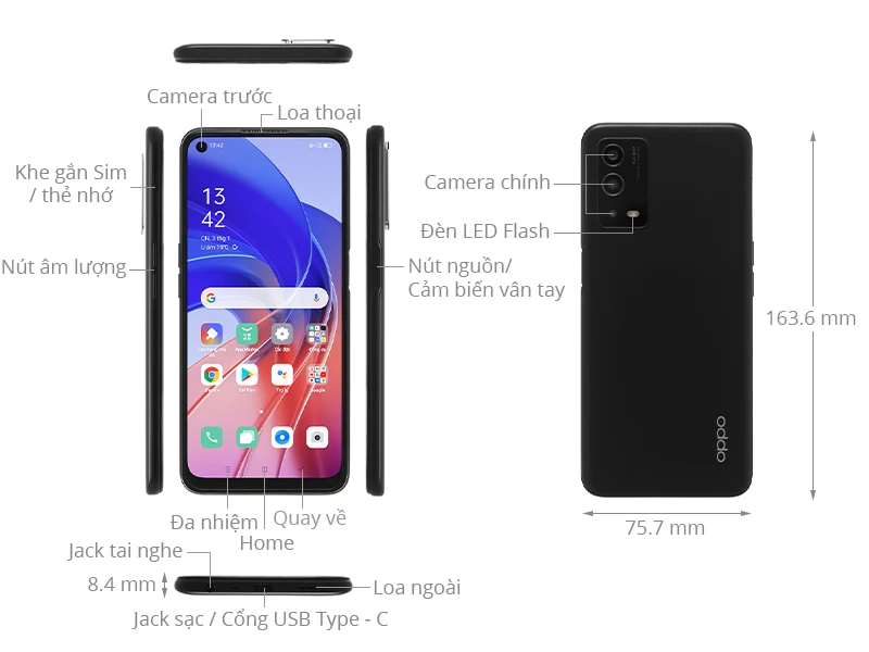 Điện thoại Oppo A16 màu đen hiển thị chi tiết các cạnh, giá rẻ tại Kim Anh Mobile Đà Nẵng.