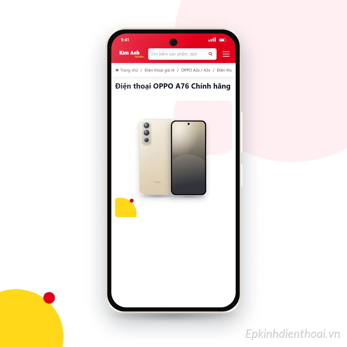 Điện thoại OPPO A76 đang mở trang sản phẩm trên epkinhdienthoai.vn (ảnh minh hoạ)