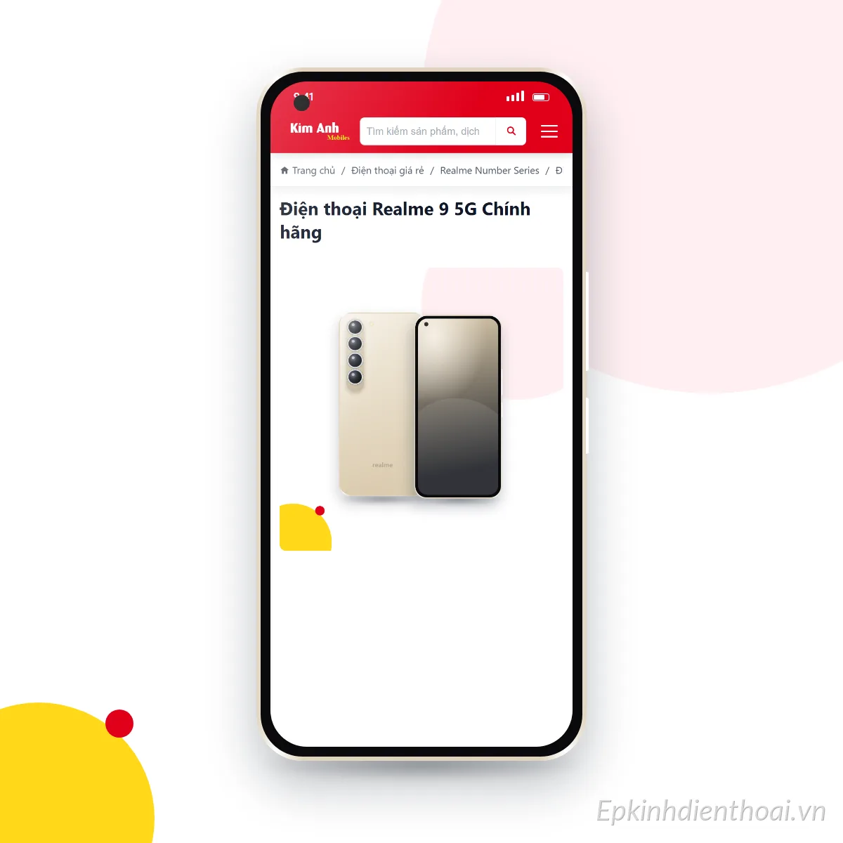 Điện thoại realme 9 5G đang mở trang sản phẩm trên epkinhdienthoai.vn (ảnh minh hoạ)