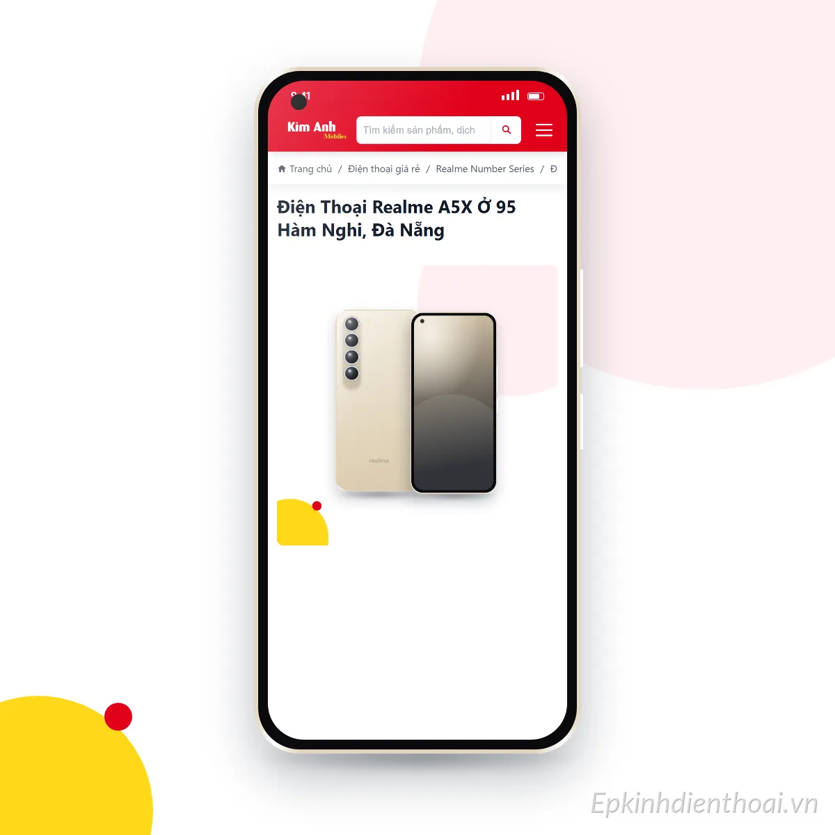 Điện thoại realme A5x đang mở trang sản phẩm trên epkinhdienthoai.vn (ảnh minh hoạ)