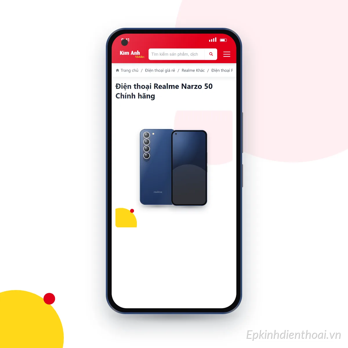 Điện thoại realme Narzo 50 đang mở trang sản phẩm trên epkinhdienthoai.vn (ảnh minh hoạ)