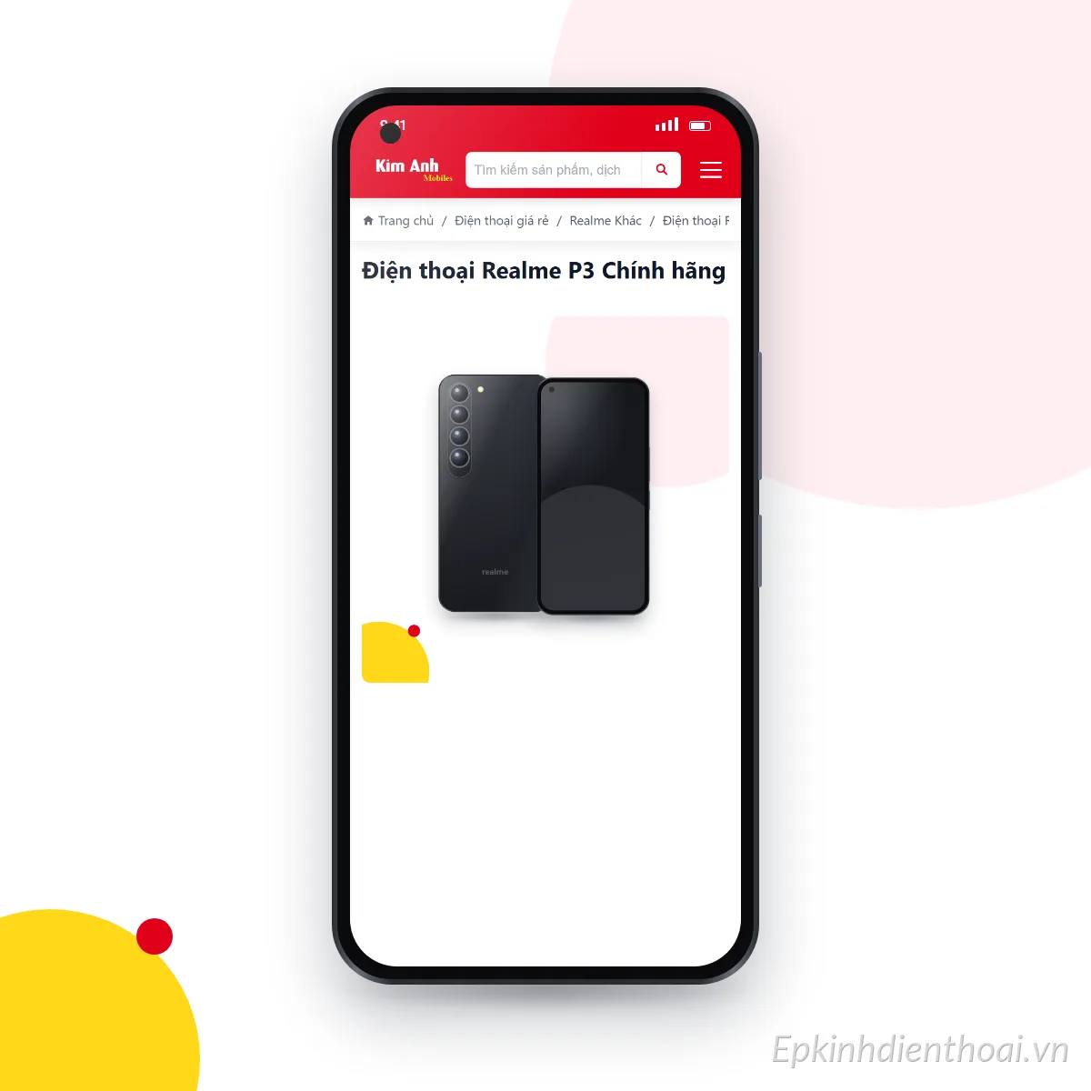 Điện thoại realme P3 đang mở trang sản phẩm trên epkinhdienthoai.vn (ảnh minh hoạ)