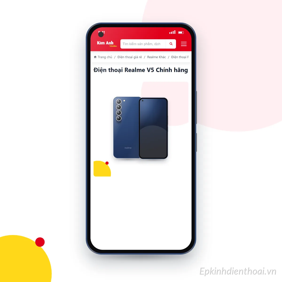 Điện thoại realme V5 đang mở trang sản phẩm trên epkinhdienthoai.vn (ảnh minh hoạ)